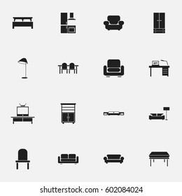 Set Of 16 Editable Home Icons. Includes Symbols Such As Davenport, Recliner, Cabinet And More. Can Be Used For Web, Mobile, UI And Infographic Design.