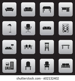 Set Of 16 Editable Home Icons. Includes Symbols Such As Sofa, Stillage, Trestle And More. Can Be Used For Web, Mobile, UI And Infographic Design.