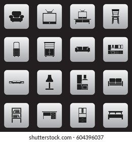 Set Of 16 Editable Home Icons. Includes Symbols Such As Wall Mirror, Bearings, Divan And More. Can Be Used For Web, Mobile, UI And Infographic Design.