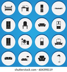 Set Of 16 Editable Home Icons. Includes Symbols Such As Sofa, Illuminant, Settee And More. Can Be Used For Web, Mobile, UI And Infographic Design.