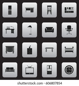 Set Of 16 Editable Home Icons. Includes Symbols Such As Couch, Television, Material Cupboard And More. Can Be Used For Web, Mobile, UI And Infographic Design.