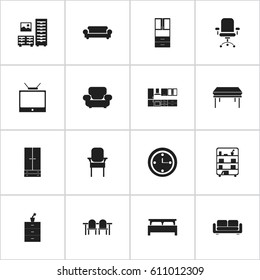 Set Of 16 Editable Home Icons. Includes Symbols Such As Davenport, Settee, Cooking Furnishings And More. Can Be Used For Web, Mobile, UI And Infographic Design.