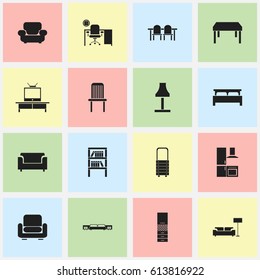 Set Of 16 Editable Home Icons. Includes Symbols Such As Material Cupboard, Bearings, Wall Mirror And More. Can Be Used For Web, Mobile, UI And Infographic Design.