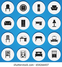 Set Of 16 Editable Home Icons. Includes Symbols Such As Lectern, Bookrack, Seat And More. Can Be Used For Web, Mobile, UI And Infographic Design.