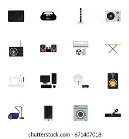 Set Of 16 Editable Home Icons. Includes Symbols Such As Turntable, Microphone, Personal Computer And More. Can Be Used For Web, Mobile, UI And Infographic Design.