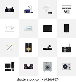 Set Of 16 Editable Home Icons. Includes Symbols Such As Turntable, Stereo System, Laundromat And More. Can Be Used For Web, Mobile, UI And Infographic Design.