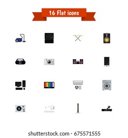 Set Of 16 Editable Home Icons. Includes Symbols Such As Stereo System, Camera, Megaphone And More. Can Be Used For Web, Mobile, UI And Infographic Design.