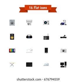 Set Of 16 Editable Home Icons. Includes Symbols Such As Microphone, Palmtop, Laundromat And More. Can Be Used For Web, Mobile, UI And Infographic Design.
