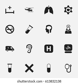 Set Of 16 Editable Hospital Icons. Includes Symbols Such As Hospital Assistant, Pulse, Doctor Tool And More. Can Be Used For Web, Mobile, UI And Infographic Design.