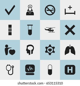 Set Of 16 Editable Hospital Icons. Includes Symbols Such As Mark, Stop Smoke, Wound Band. Can Be Used For Web, Mobile, UI And Infographic Design.