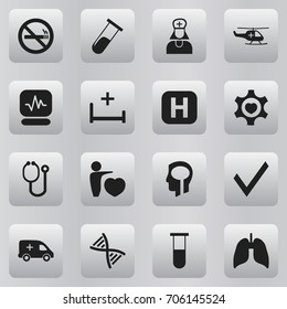 Set Of 16 Editable Hospital Icons. Includes Symbols Such As Heart, Emergency, Genome And More. Can Be Used For Web, Mobile, UI And Infographic Design.