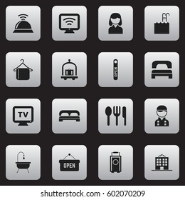 Set Of 16 Editable Hotel Icons. Includes Symbols Such As Hostel, Monitor, Baggage And More. Can Be Used For Web, Mobile, UI And Infographic Design.