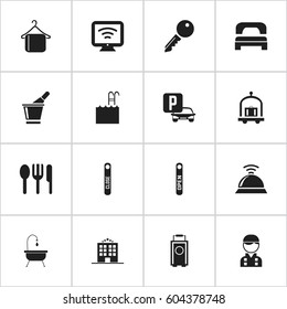Set Of 16 Editable Hotel Icons. Includes Symbols Such As Hanger, Door Closed, Pool And More. Can Be Used For Web, Mobile, UI And Infographic Design.