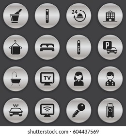 Set Of 16 Editable Hotel Icons. Includes Symbols Such As Bed, Auto Stand, Unblock Access. Can Be Used For Web, Mobile, UI And Infographic Design.