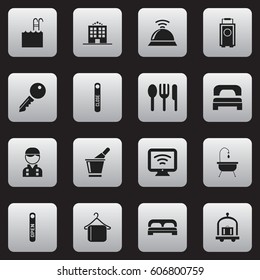 Set Of 16 Editable Hotel Icons. Includes Symbols Such As Restaurant, Pool, Service Bell And More. Can Be Used For Web, Mobile, UI And Infographic Design.