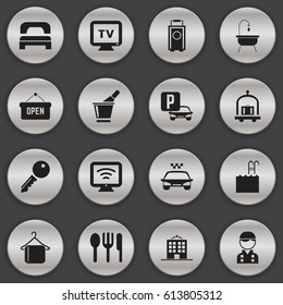 Set Of 16 Editable Hotel Icons. Includes Symbols Such As Hotel Trolley, Shower, Auto Stand. Can Be Used For Web, Mobile, UI And Infographic Design.