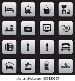 Set Of 16 Editable Hotel Icons. Includes Symbols Such As Bedroom, Door Closed, Baggage And More. Can Be Used For Web, Mobile, UI And Infographic Design.