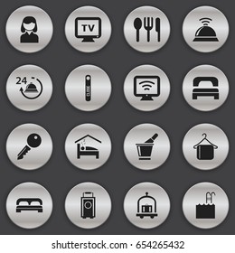 Set Of 16 Editable Hotel Icons. Includes Symbols Such As Wireless Tv, Hotel Trolley, Unblock Access And More. Can Be Used For Web, Mobile, UI And Infographic Design.