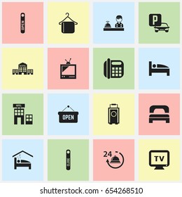 Set Of 16 Editable Hotel Icons. Includes Symbols Such As Reception, Baggage, Door Closed And More. Can Be Used For Web, Mobile, UI And Infographic Design.