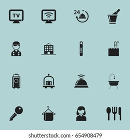 Set Of 16 Editable Hotel Icons. Includes Symbols Such As Employee, Door Closed, Service Bell And More. Can Be Used For Web, Mobile, UI And Infographic Design.