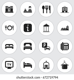 Set Of 16 Editable Hotel Icons. Includes Symbols Such As Bed, Monitor, Dishes And More. Can Be Used For Web, Mobile, UI And Infographic Design.