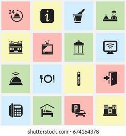 Set Of 16 Editable Hotel Icons. Includes Symbols Such As Information Sign, Service Bell, Bedroom And More. Can Be Used For Web, Mobile, UI And Infographic Design.