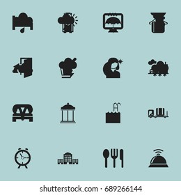 Set Of 16 Editable Hotel Icons. Includes Symbols Such As Sleeping, Wireless Tv, Outlet And More. Can Be Used For Web, Mobile, UI And Infographic Design.