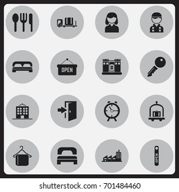 Set Of 16 Editable Hotel Icons. Includes Symbols Such As Hostel, Opened Placard, Hanger And More. Can Be Used For Web, Mobile, UI And Infographic Design.