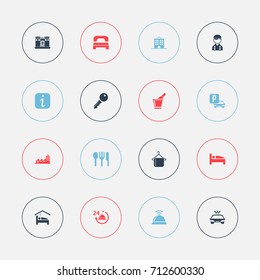 Set Of 16 Editable Hotel Icons. Includes Symbols Such As Bedroom, Transport Car, Auto Stand. Can Be Used For Web, Mobile, UI And Infographic Design.