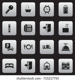 Set Of 16 Editable Hotel Icons. Includes Symbols Such As Unblock Access, Pool, Auto Stand. Can Be Used For Web, Mobile, UI And Infographic Design.