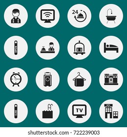 Set Of 16 Editable Hotel Icons. Includes Symbols Such As Check In, Door Closed, Hanger And More. Can Be Used For Web, Mobile, UI And Infographic Design.