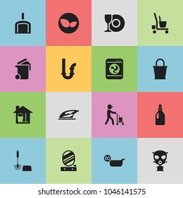 Set of 16 editable hygiene icons. Includes symbols such as clean dishes, cleaning worker, siphon and more. Can be used for web, mobile, UI and infographic design.