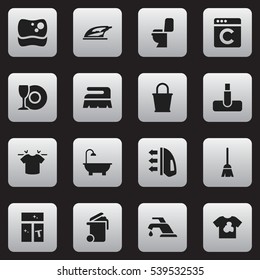 Set Of 16 Editable Hygiene Icons. Includes Symbols Such As Pail, Bathroom, Hoover And More. Can Be Used For Web, Mobile, UI And Infographic Design.