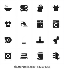 Set Of 16 Editable Hygiene Icons. Includes Symbols Such As Laundress, Sweep, Steam And More. Can Be Used For Web, Mobile, UI And Infographic Design.
