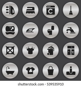 Set Of 16 Editable Hygiene Icons. Includes Symbols Such As Hoover, Clean T-Shirt, Container And More. Can Be Used For Web, Mobile, UI And Infographic Design.