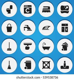 Set Of 16 Editable Hygiene Icons. Includes Symbols Such As Washing Tool, Bathroom, Container And More. Can Be Used For Web, Mobile, UI And Infographic Design.