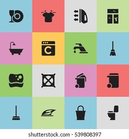 Set Of 16 Editable Hygiene Icons. Includes Symbols Such As Restroom, Laundress, Appliance And More. Can Be Used For Web, Mobile, UI And Infographic Design.