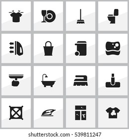 Set Of 16 Editable Hygiene Icons. Includes Symbols Such As Washing Glass, Plate, Washing Tool And More. Can Be Used For Web, Mobile, UI And Infographic Design.