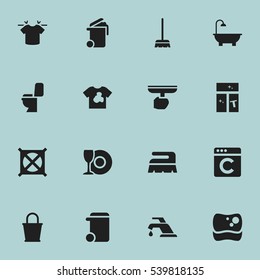 Set Of 16 Editable Hygiene Icons. Includes Symbols Such As Clean T-Shirt, No Laundry, Dustbin And More. Can Be Used For Web, Mobile, UI And Infographic Design.