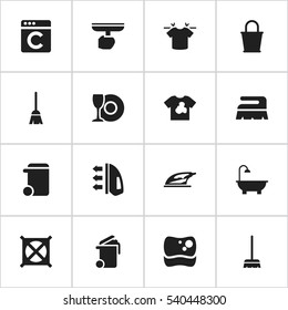 Set Of 16 Editable Hygiene Icons. Includes Symbols Such As Laundress, Broomstick, Dustbin And More. Can Be Used For Web, Mobile, UI And Infographic Design.