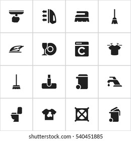 Set Of 16 Editable Hygiene Icons. Includes Symbols Such As Hoover, Clean T-Shirt, Broomstick And More. Can Be Used For Web, Mobile, UI And Infographic Design.