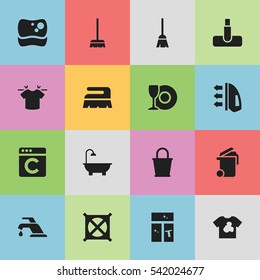 Set Of 16 Editable Hygiene Icons. Includes Symbols Such As No Laundry, Washing Glass, Sweep And More. Can Be Used For Web, Mobile, UI And Infographic Design.