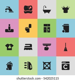 Set Of 16 Editable Hygiene Icons. Includes Symbols Such As Hoover, Sweep, Unclean Blouse And More. Can Be Used For Web, Mobile, UI And Infographic Design.