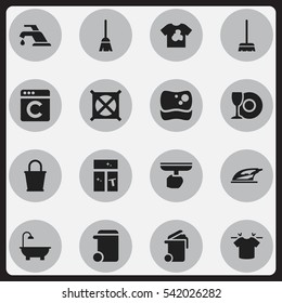 Set Of 16 Editable Hygiene Icons. Includes Symbols Such As Bathroom, Broomstick, Appliance And More. Can Be Used For Web, Mobile, UI And Infographic Design.
