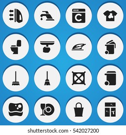 Set Of 16 Editable Hygiene Icons. Includes Symbols Such As Whisk, Restroom, Container And More. Can Be Used For Web, Mobile, UI And Infographic Design.