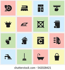 Set Of 16 Editable Hygiene Icons. Includes Symbols Such As No Laundry, Sweep, Dustbin And More. Can Be Used For Web, Mobile, UI And Infographic Design.
