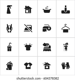 Set Of 16 Editable Hygiene Icons. Includes Symbols Such As Tub, Working At Home, Bucket With Mop And More. Can Be Used For Web, Mobile, UI And Infographic Design.