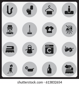 Set Of 16 Editable Hygiene Icons. Includes Symbols Such As Kitchen Clothing, Hoover, Laundress And More. Can Be Used For Web, Mobile, UI And Infographic Design.