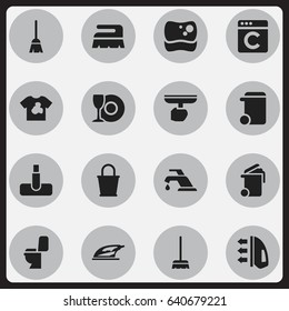 Set Of 16 Editable Hygiene Icons. Includes Symbols Such As Laundress, Broomstick, Unclean Blouse And More. Can Be Used For Web, Mobile, UI And Infographic Design.