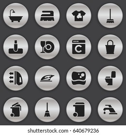 Set Of 16 Editable Hygiene Icons. Includes Symbols Such As Hoover, Container, Whisk And More. Can Be Used For Web, Mobile, UI And Infographic Design.